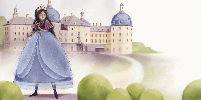 Illustration von klassischer Prinzessin in hellblauem schicken Kleid vor einem Schloss